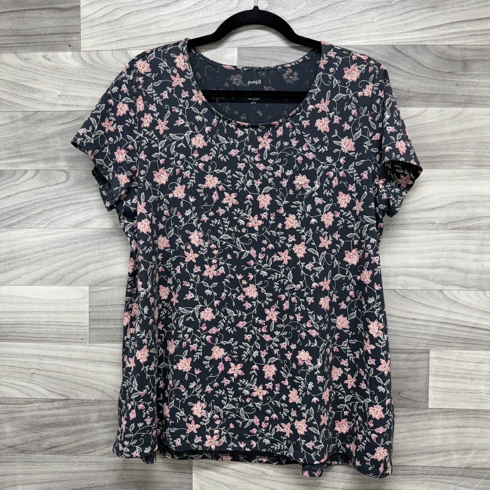Pure Jill Blouse Women's LP‎ Gray Floral Short Sleeve Scoop Neck Elliptical Tee